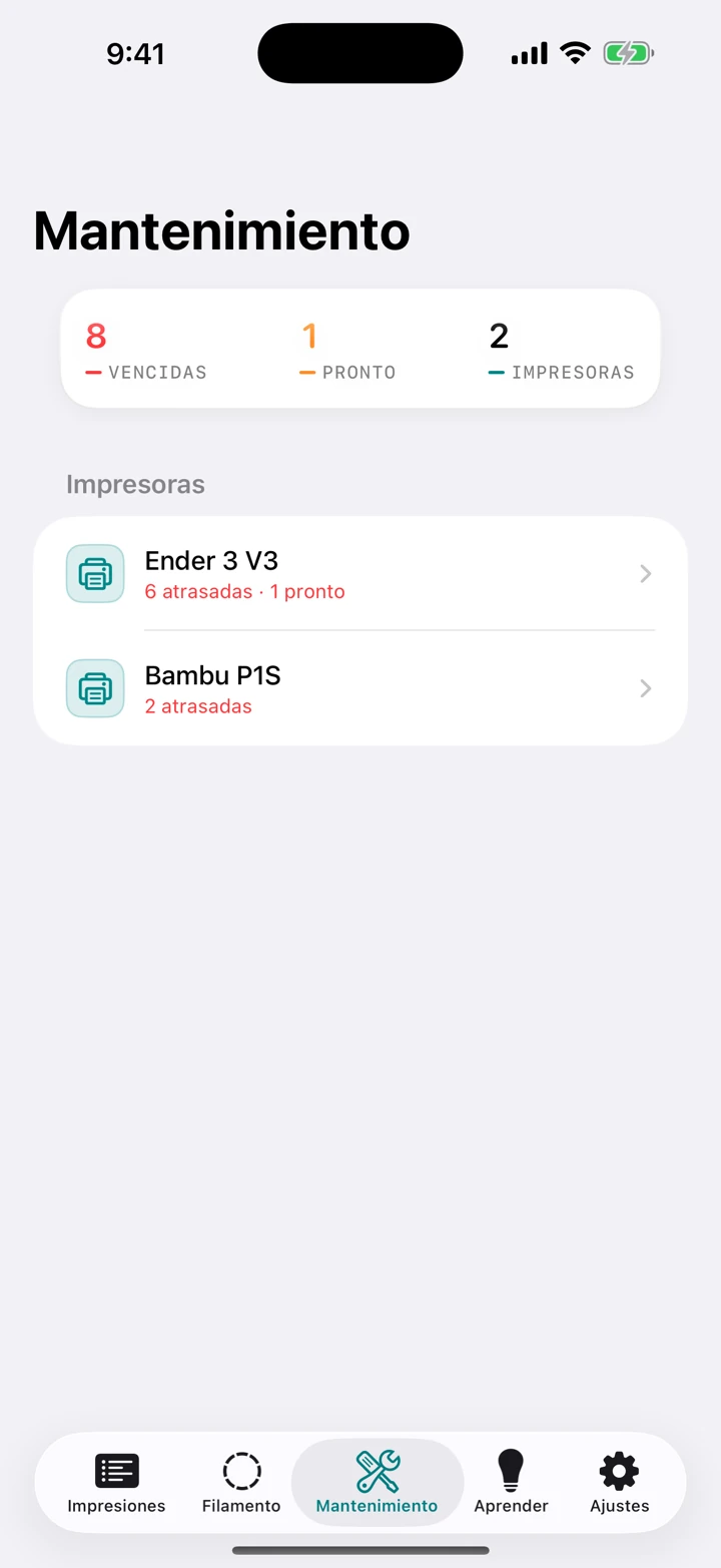 La pantalla de mantenimiento con las tareas de boquilla, banda y lubricación por impresora, cada una con las horas de impresión que faltan para que toque.