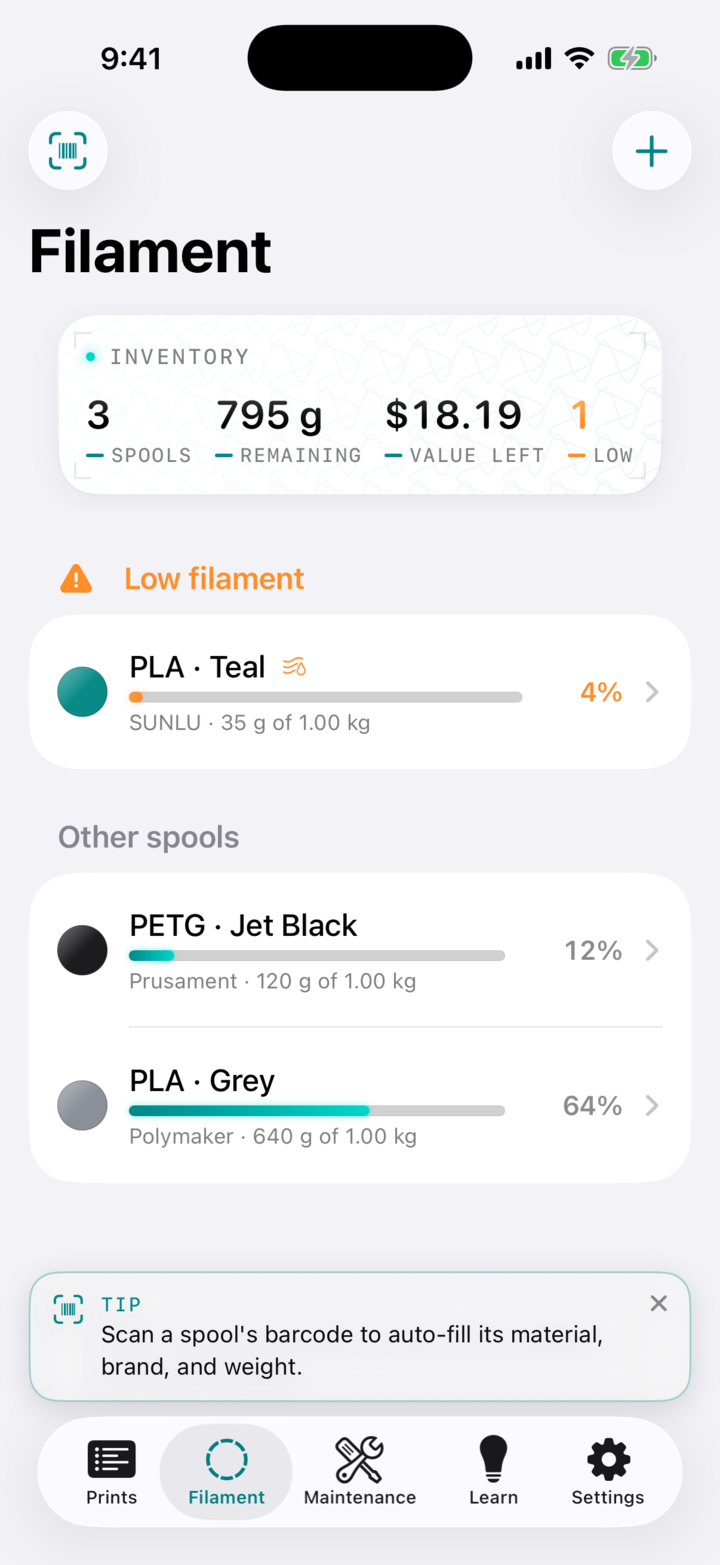 Filament inventory showing each spool with its material, color, and grams remaining.