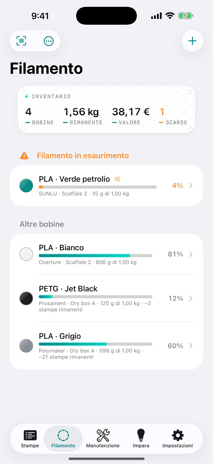 L'inventario dei filamenti: ogni bobina con materiale, colore, grammi rimanenti e quante stampe riesce ancora a coprire al tuo ritmo.