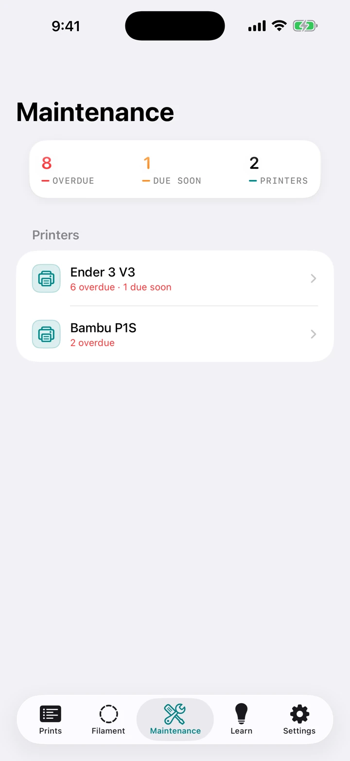 The maintenance screen listing nozzle, belt and lubrication tasks per printer, each showing how many print-hours remain before it is due.