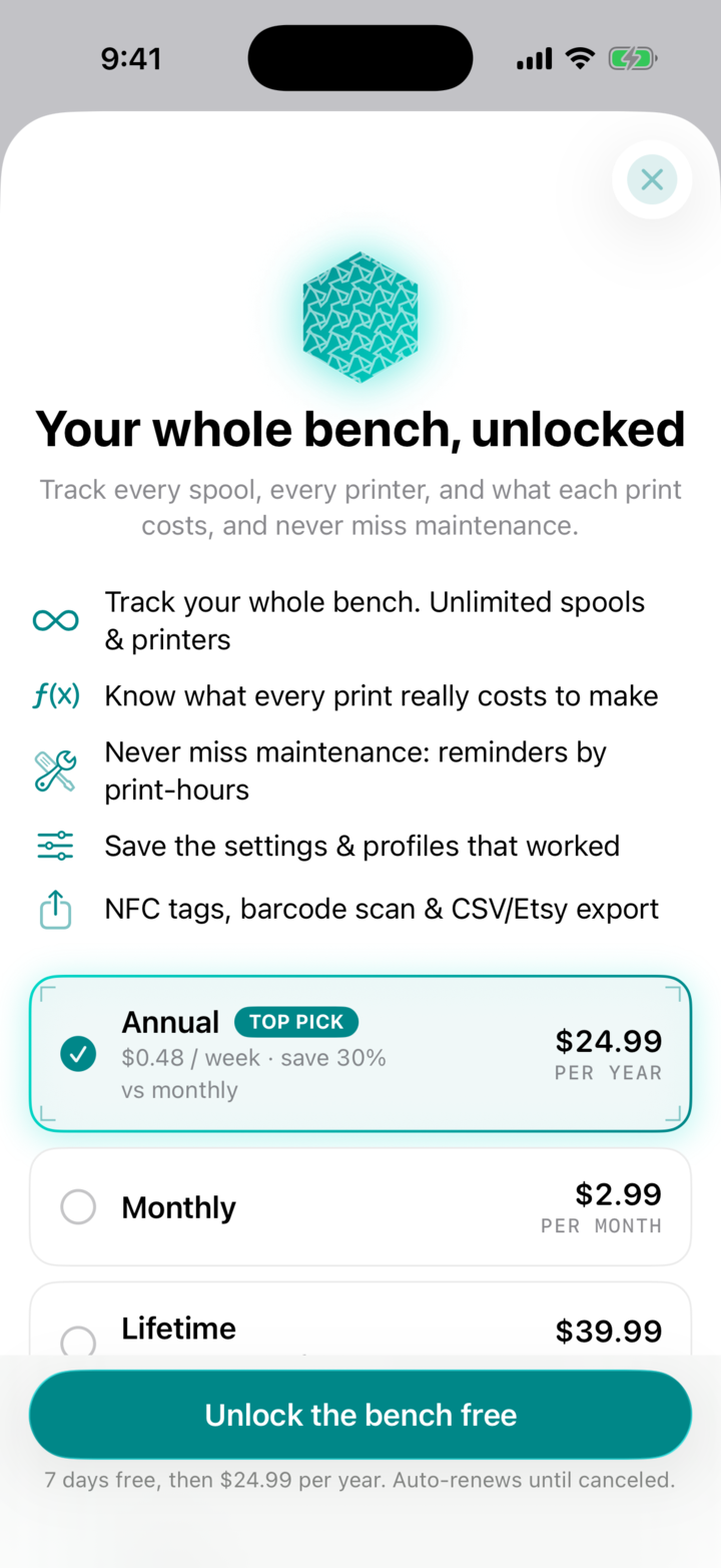 The Gyroid Premium screen listing features and transparent pricing.