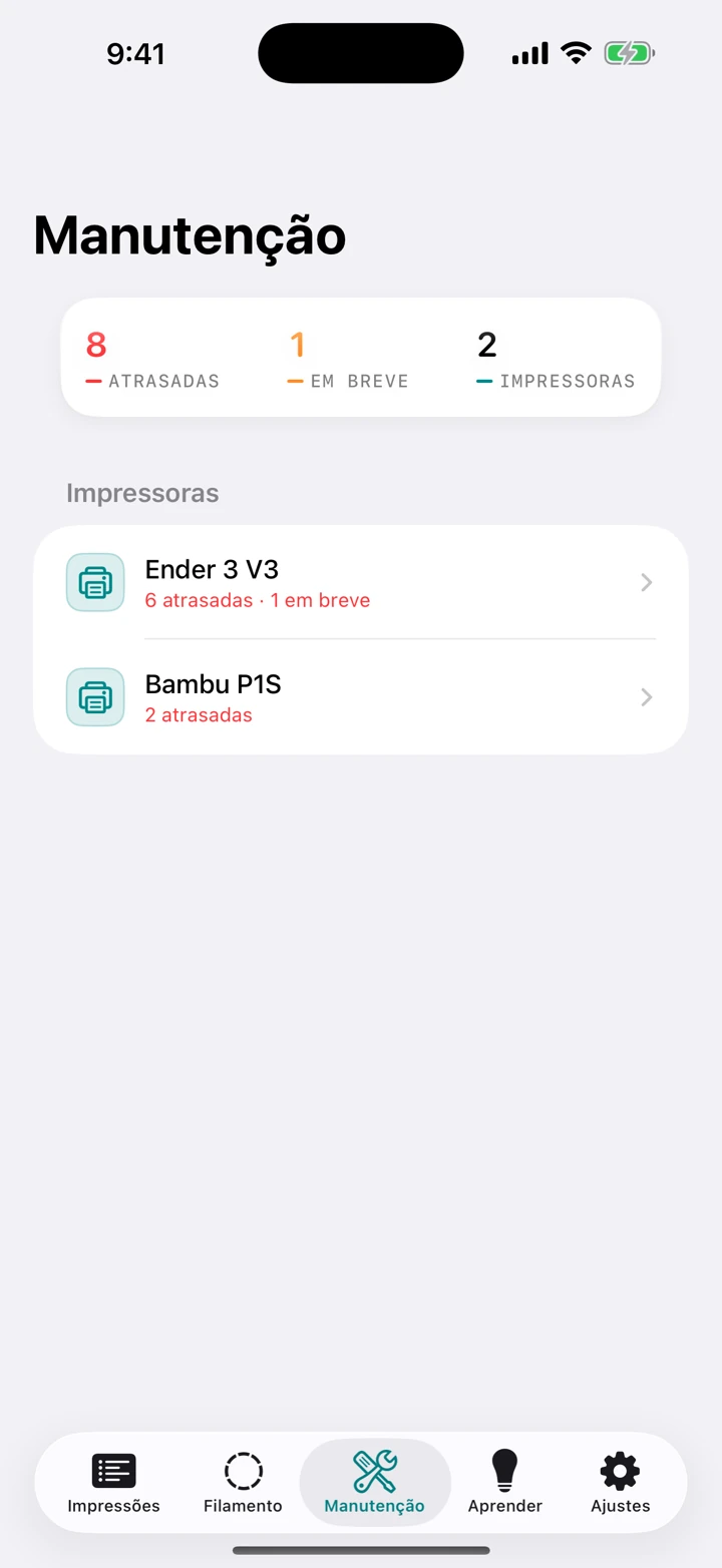 A tela de manutenção listando as tarefas de bico, correia e lubrificação por impressora, cada uma mostrando quantas horas de impressão faltam.